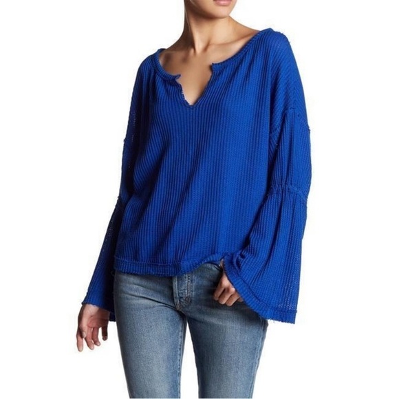 We the Free People Dahlia Thermal Top Bell Sleeves Oversized Blue Size Small - Picture 1 of 5
